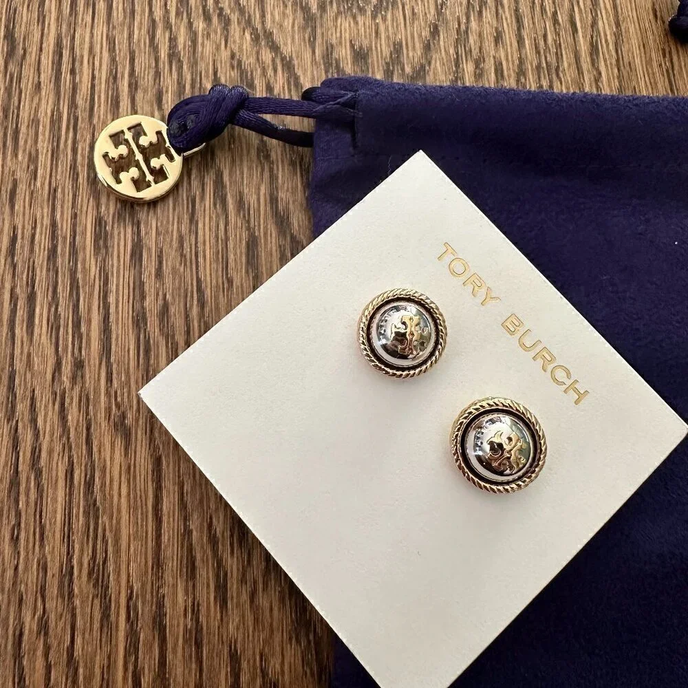 NEW！Tory Burch Logo Rope Stud Earrings -Silver